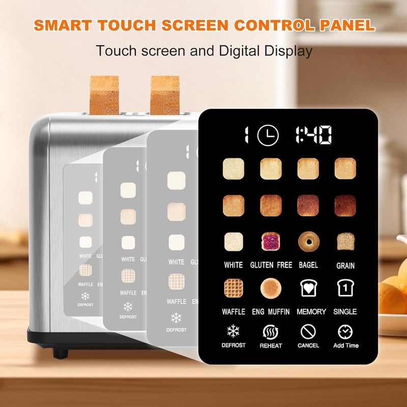 Clixane 2 Slice Toaster Touch Screen, Stainless Steel Toasters Digital Timer 2 Slot Toasters, 8 Shade Settings 6 Bread Types for Bagel, Cancel, Defrost（Stainless Steel） - Image 3